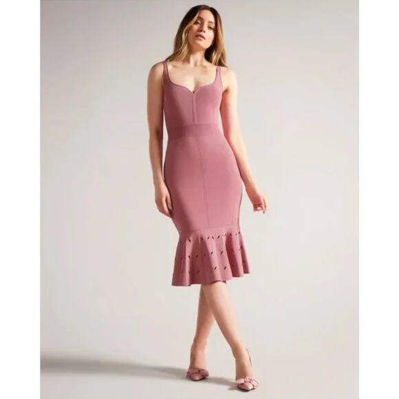 Ted Baker Emesta Dress Pink Knit Midi Eyelet Sleeveless Flounce Sz 10 US (4 Ted)